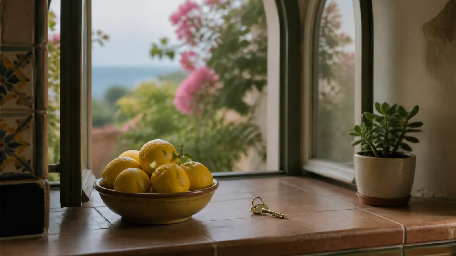 Gold bowl of lemons, a brass key, and a succulent on a terracotta windowsill open to bougainvillea