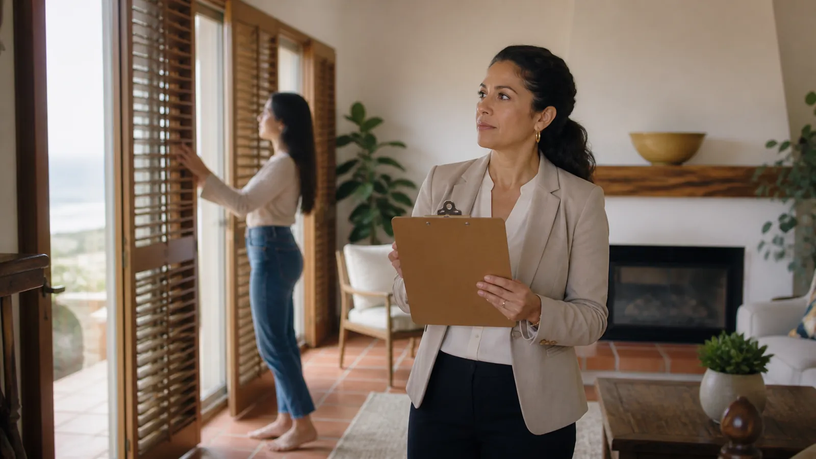 Appraiser with clipboard in a bright California living room as a woman opens tall wooden shutters