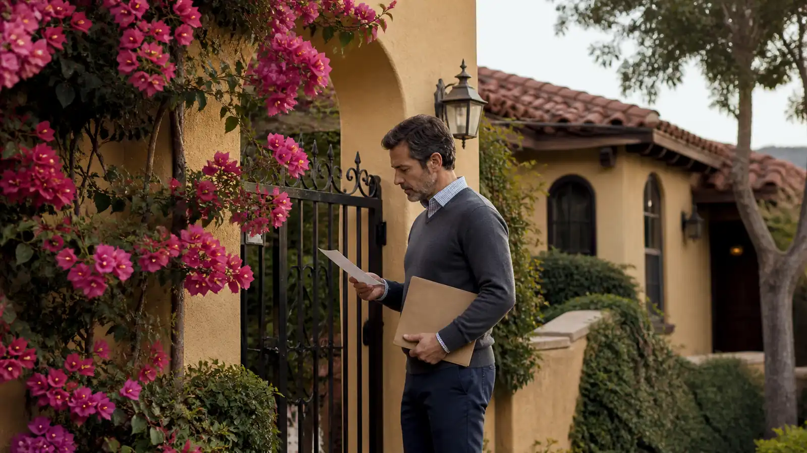 Golden stucco California house with arched doorway, man at the gate reading a letter in coastal light