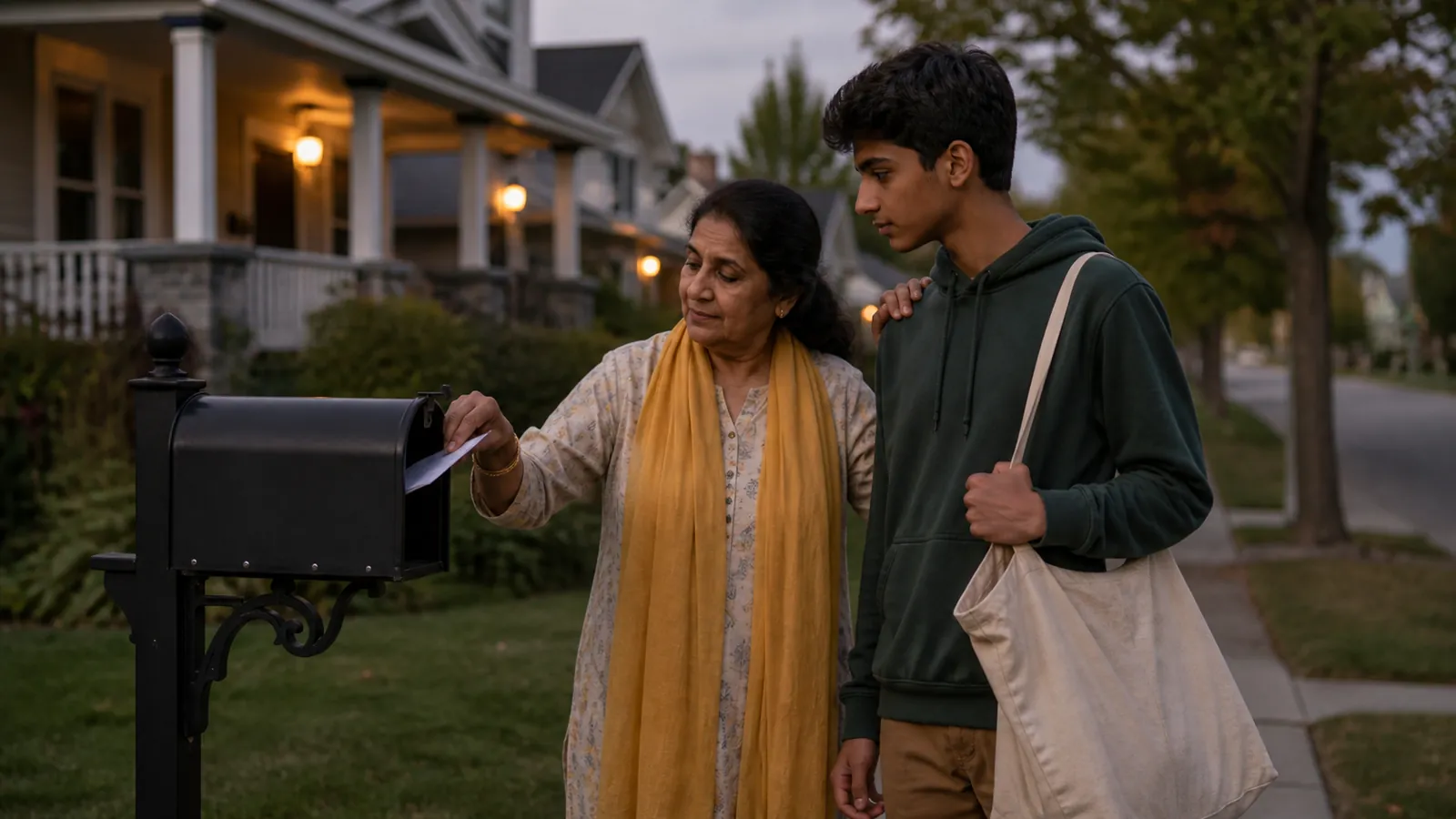 Grandmother mailing a final envelope at a corner mailbox, her grandson beside her with an empty tote