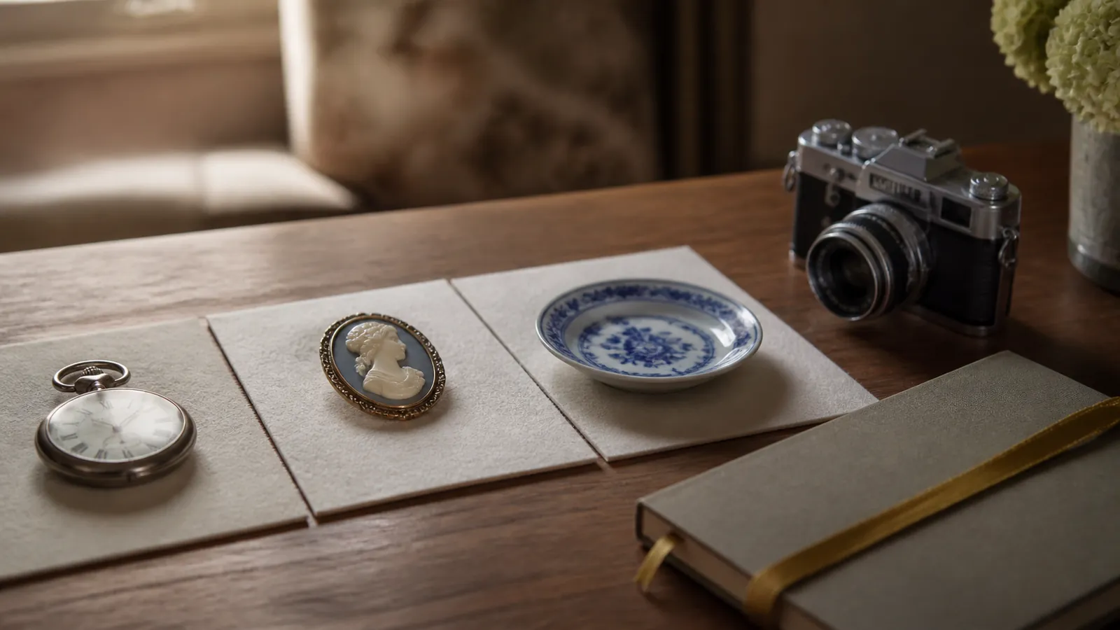 Pocket watch, brooch, and saucer arranged on felt squares beside a camera and ribbon-marked notebook
