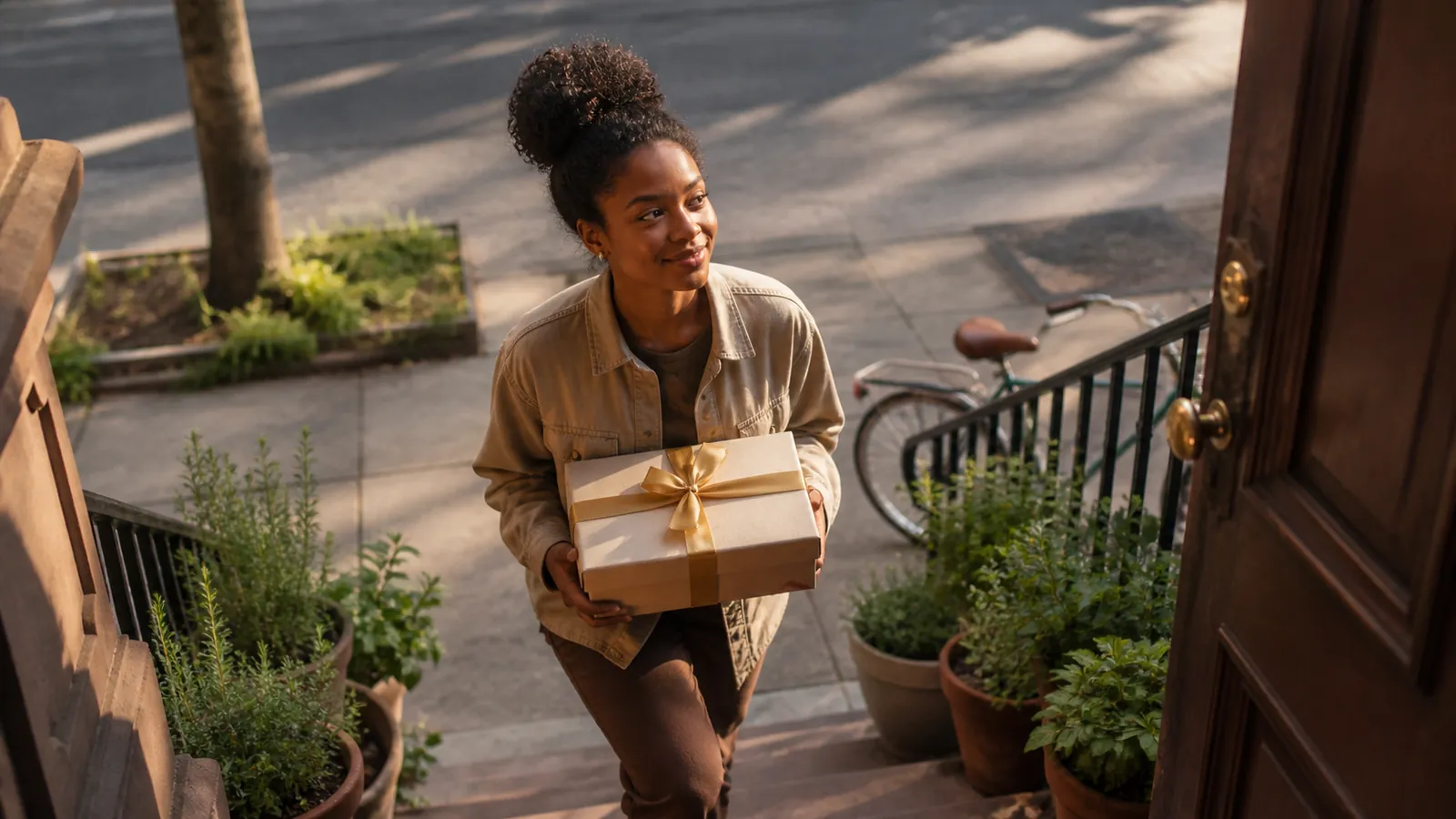 Young woman carrying a gold-ribboned keepsake box up her apartment stoop lined with potted herbs