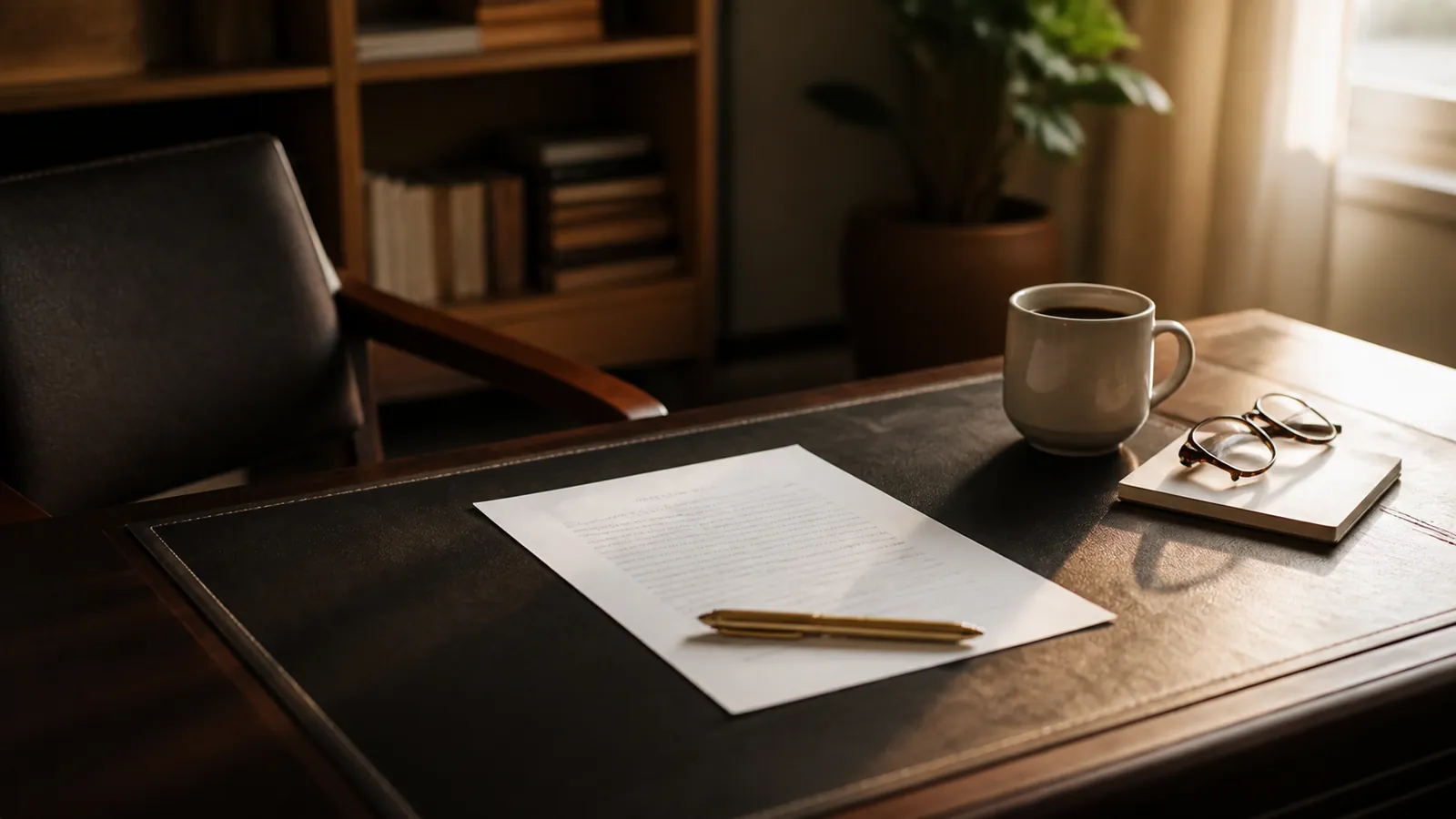 Unsigned document on a desk with a capped gold fountain pen laid across it and the chair pushed back