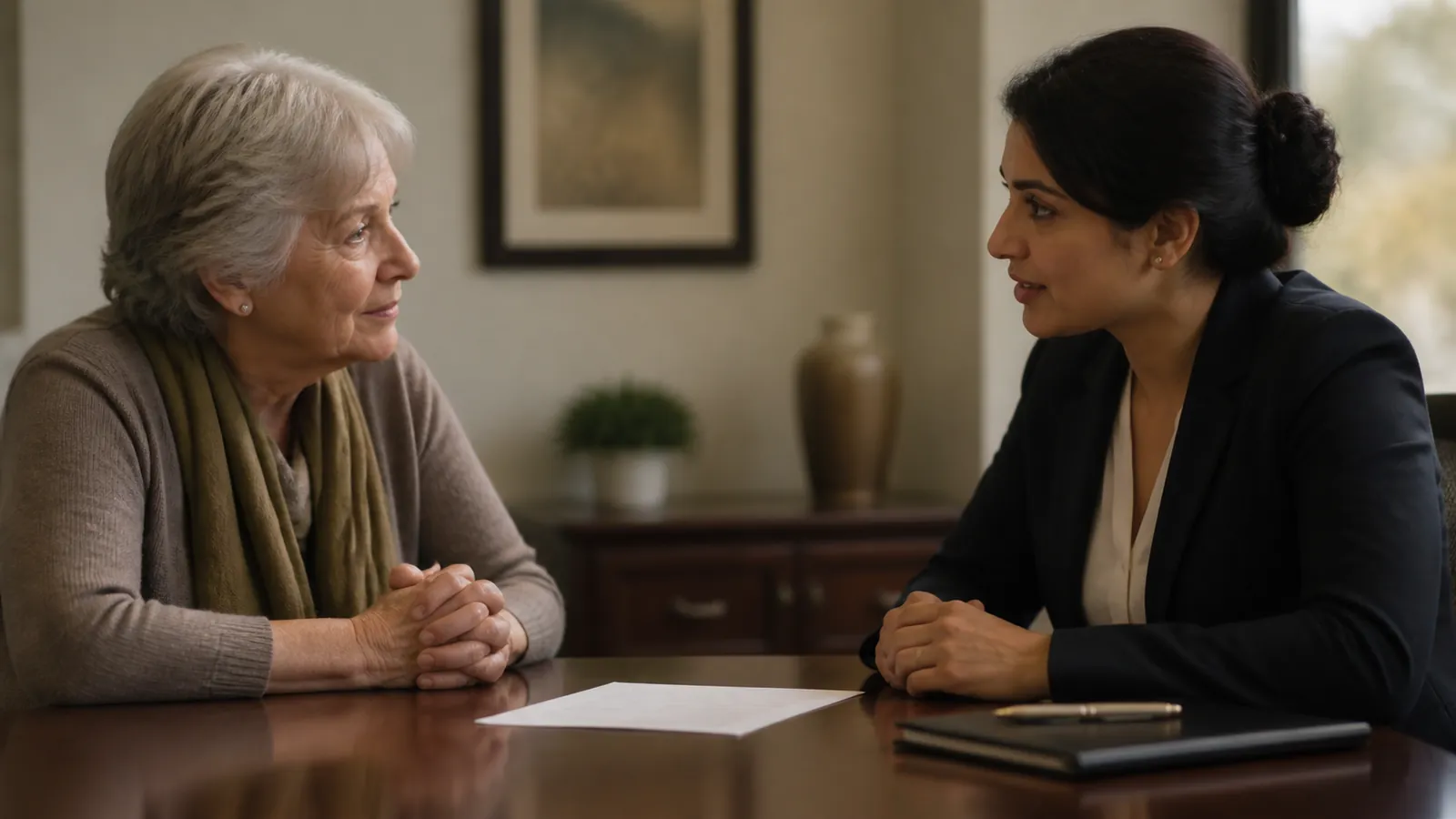 Older woman in a calm consultation with a probate attorney across an office table, one page between them