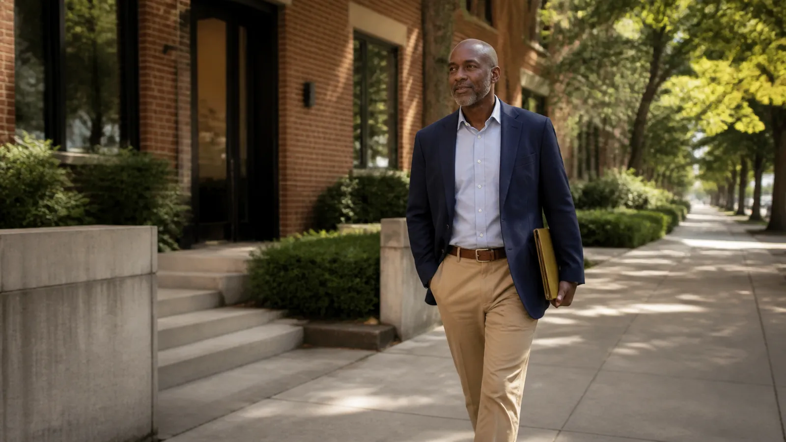 Man walking down a tree-lined sidewalk from a brick office, slim gold-tabbed folder under his arm