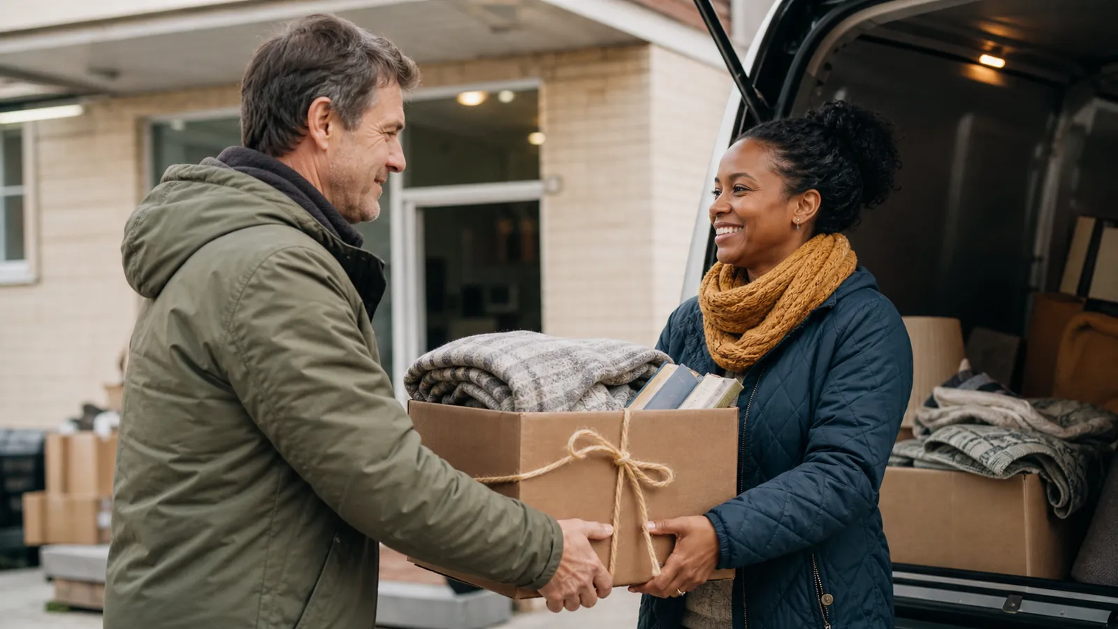Man handing a box of household goods tied with gold twine to a volunteer at a donation van