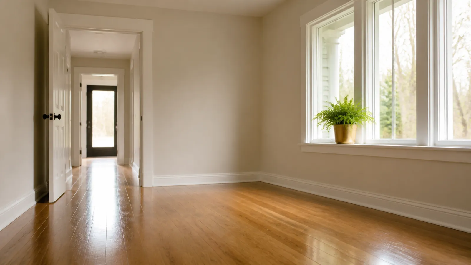Empty, freshly cleaned living room with washed bare windows and a single fern in a gold pot on the sill