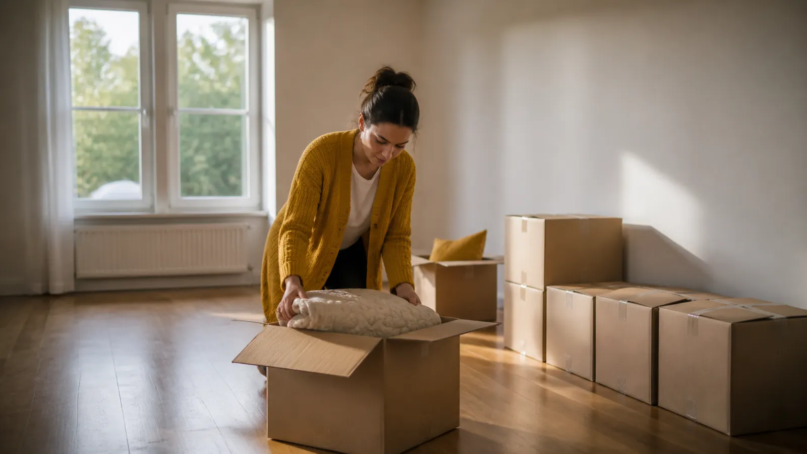 Woman in a gold cardigan folding a quilt into the last moving box in a bright, cleared living room