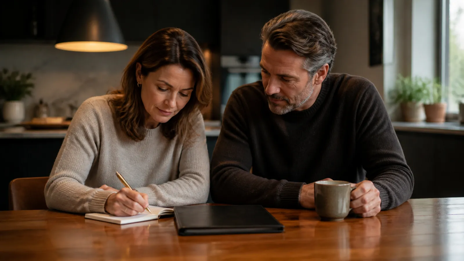 Couple writing a planning list together in a new notebook at their kitchen table by lamplight