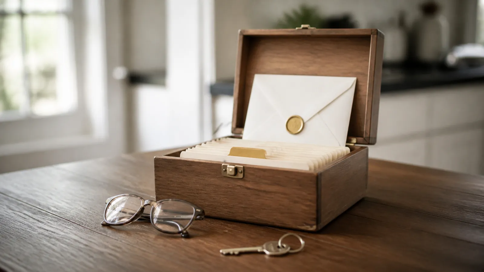 Open wooden document chest with tabbed folders, a sealed envelope, glasses, and a spare key on a table
