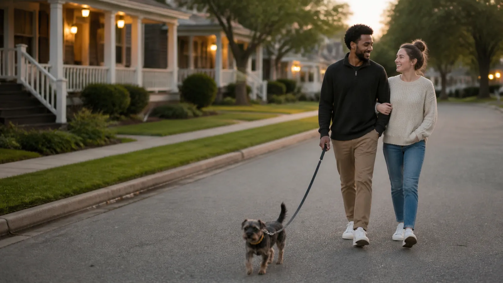 Young couple walking a small terrier down a neighborhood street at dusk, porch lights coming on