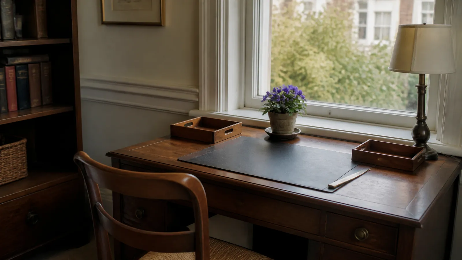 Sunlit writing-desk corner at rest with empty wooden trays, a potted violet on the sill, chair tucked in
