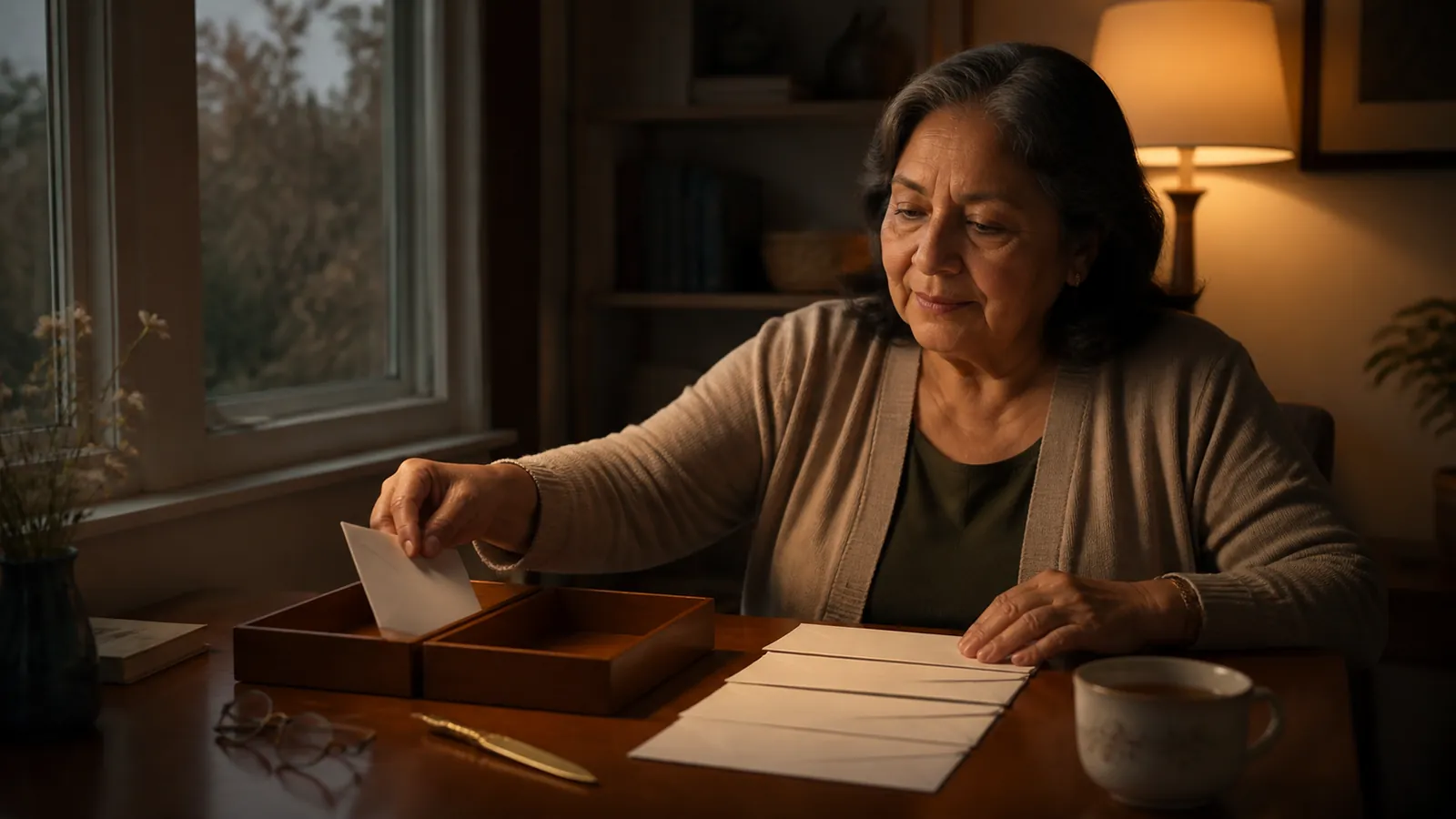 Woman at a lamplit writing desk sorting envelopes into two small wooden trays