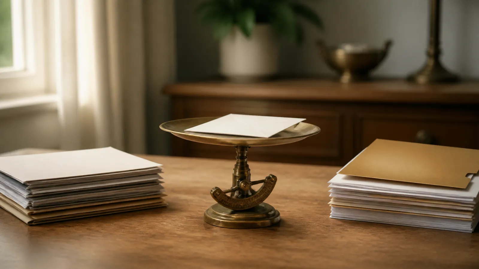 Brass letter scale weighing an envelope beside two tidy document stacks on a wooden desk