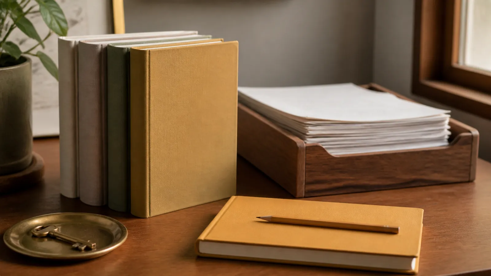 Four cloth-bound notebooks in a row on a desk beside a tray of papers and a brass key on a saucer
