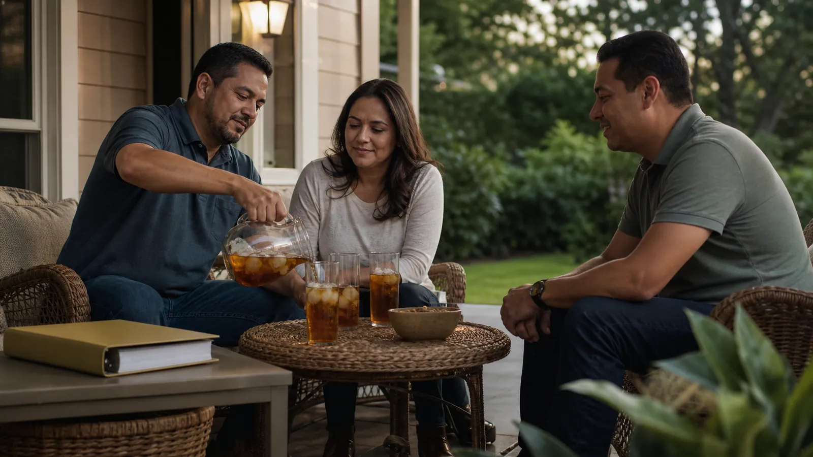 Three siblings relaxing over iced tea on a back porch, the closed estate binder resting on a side table