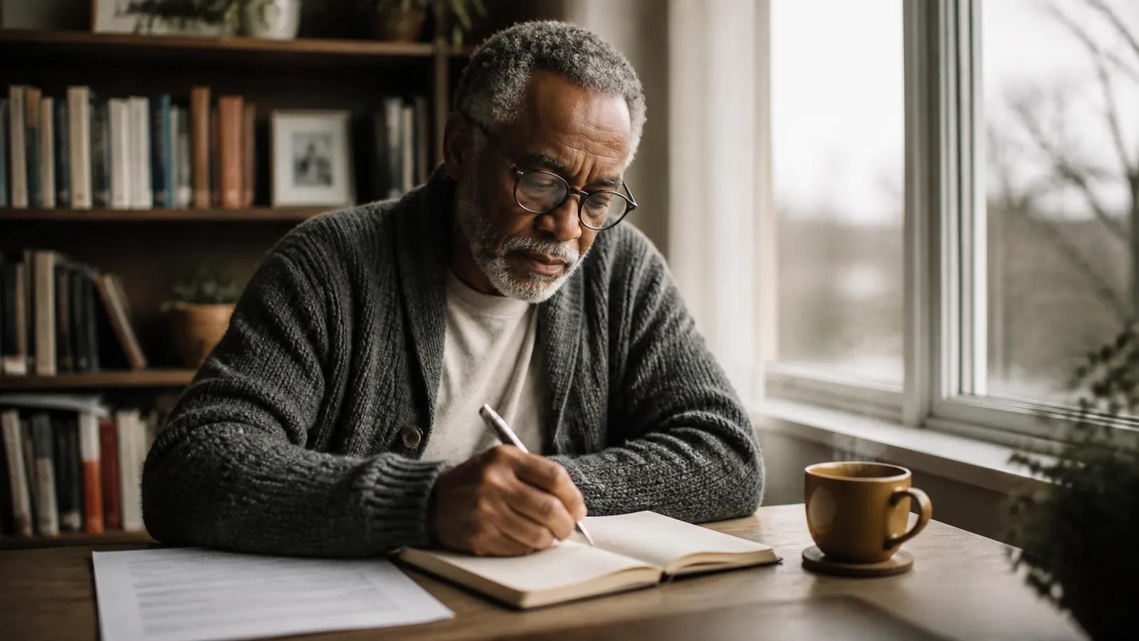 Older man writing questions in a small notebook at a window desk, thin document and gold mug beside him