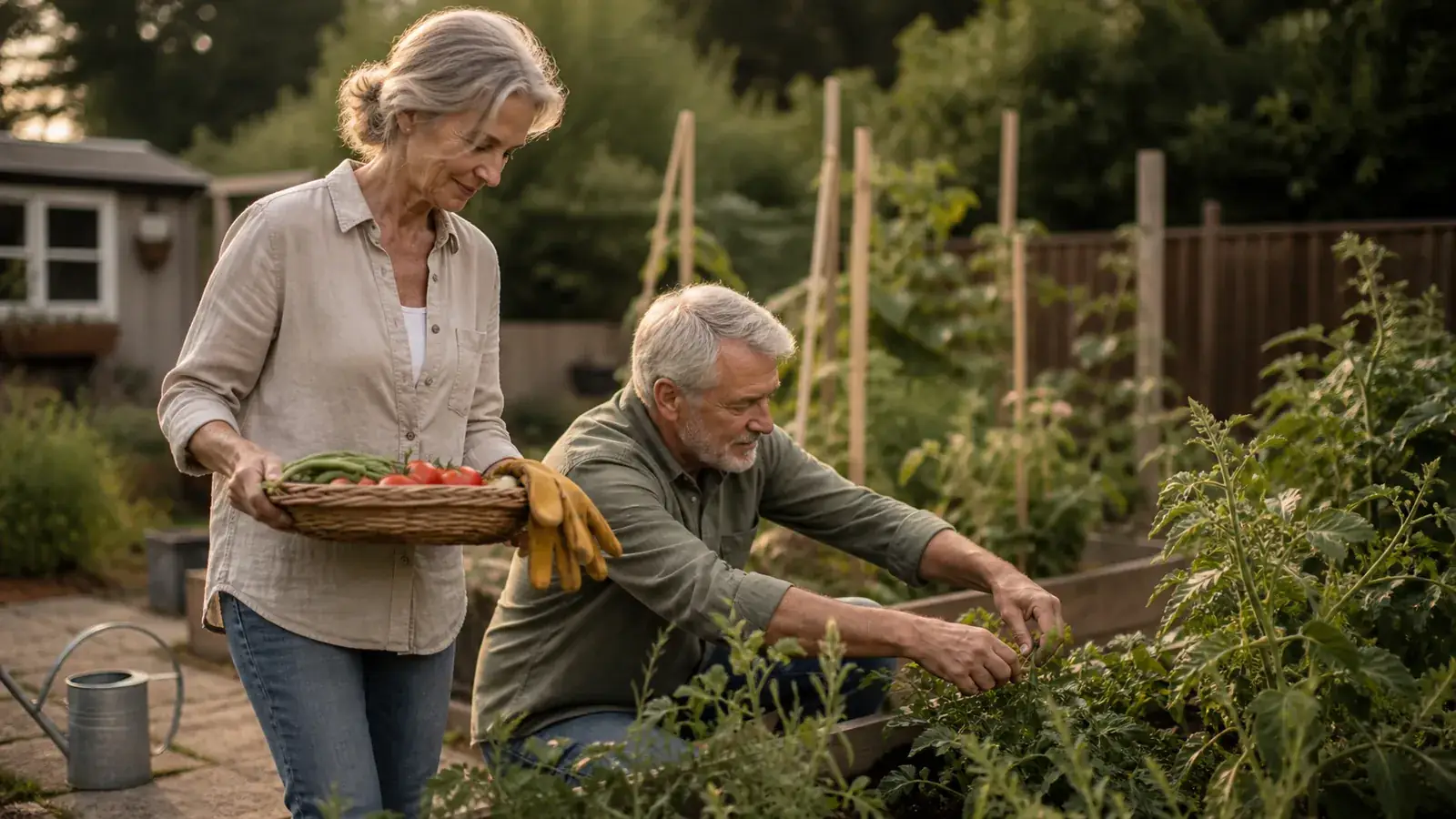 Older couple harvesting tomatoes and beans together along a tidy raised garden bed in golden light