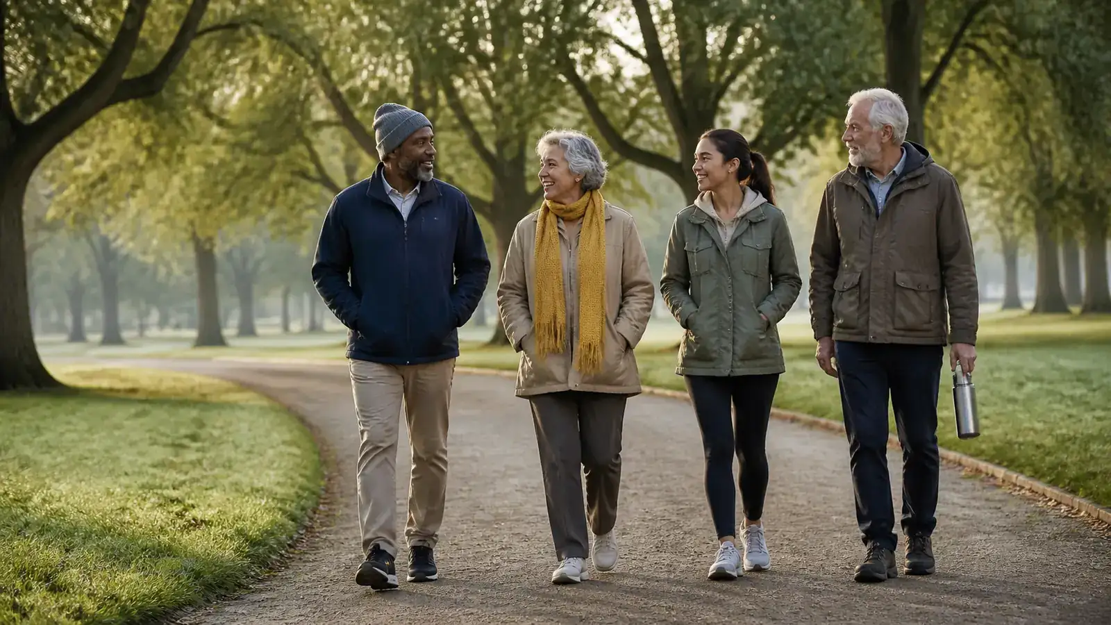 Four companions walking together on a tree-arched park path in morning light, one in a gold scarf