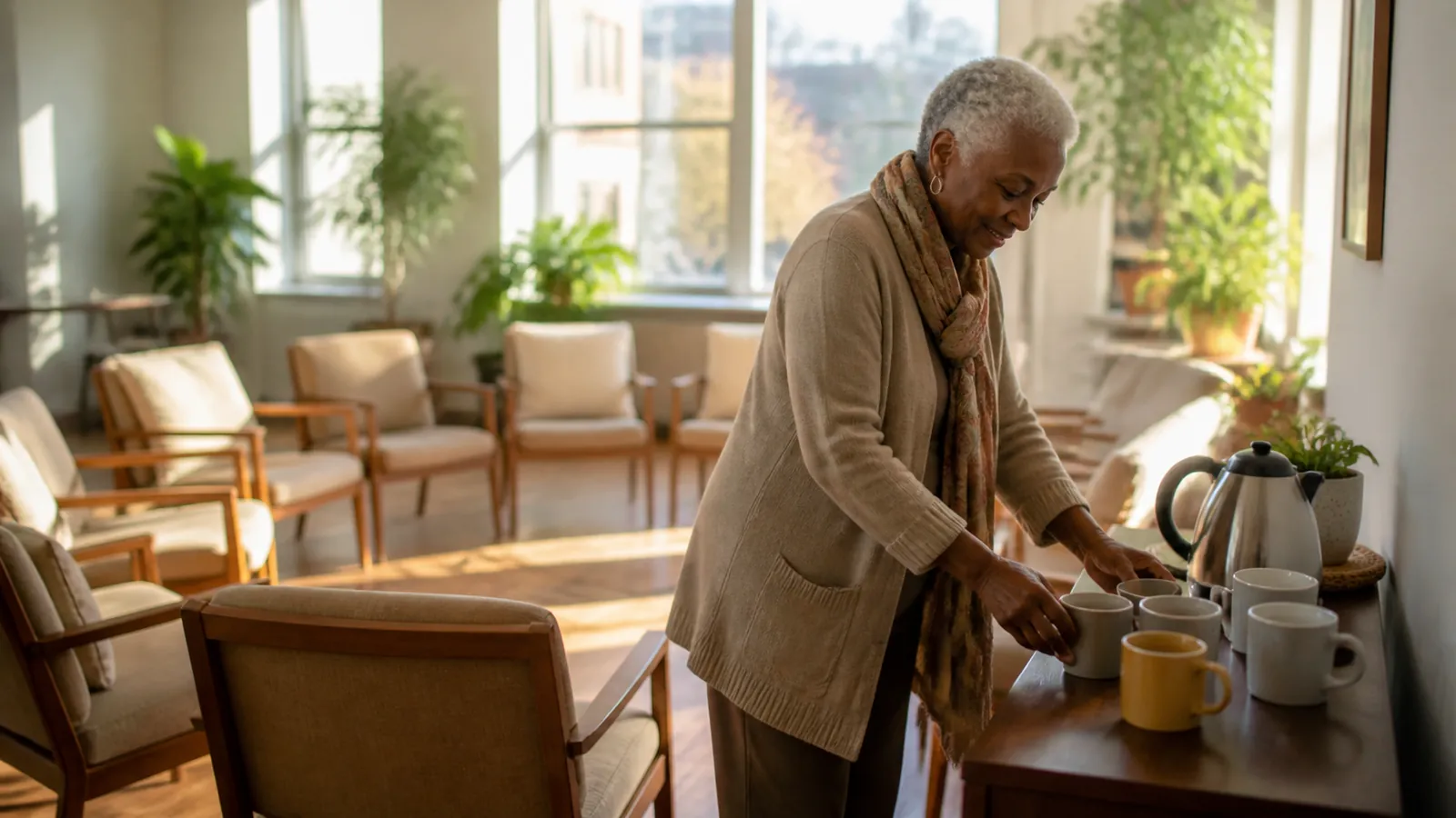 Volunteer setting steaming mugs in a sunlit community room with chairs arranged in a welcoming circle