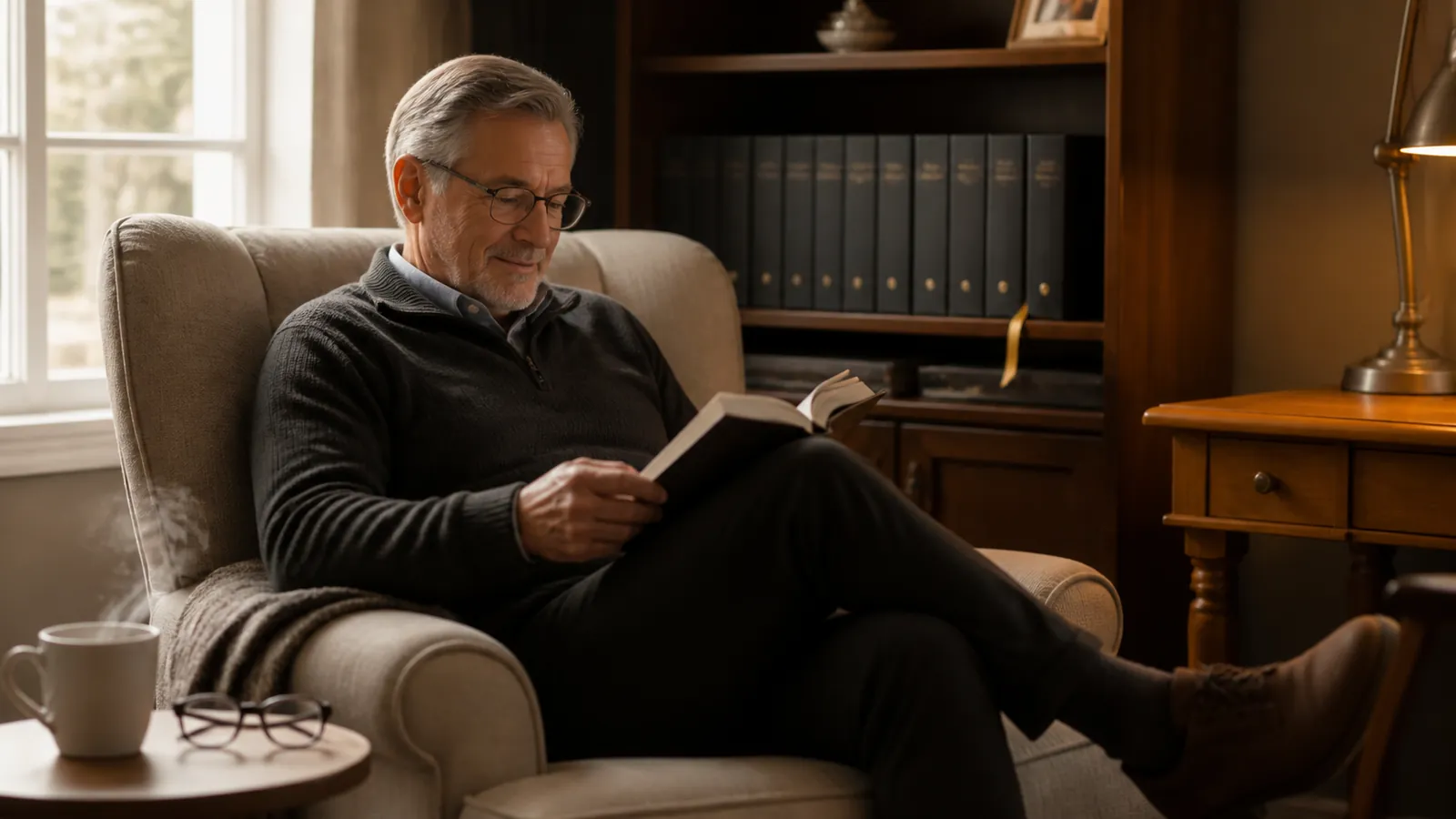 Older man reading a novel in an armchair, closed estate folders shelved in a neat row behind him