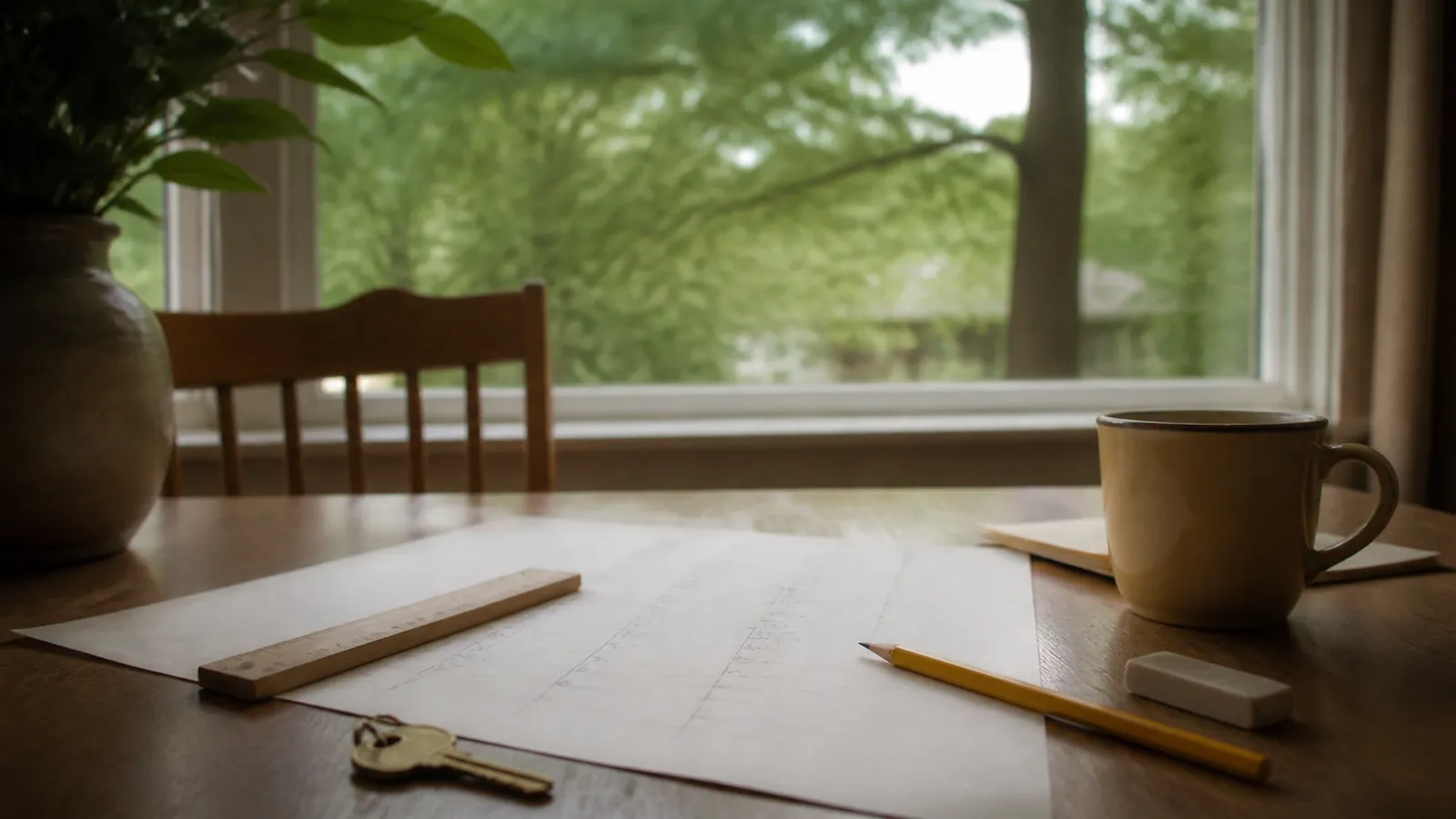 Large penciled worksheet on a kitchen table with ruler, gold mug, and a brass house key at its edge