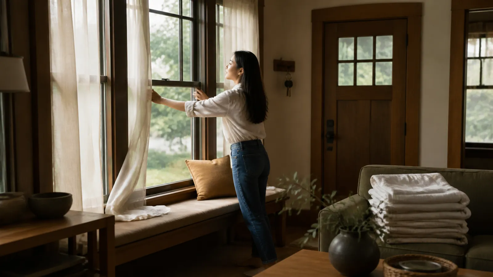 Young woman opening tall windows in a sunlit craftsman front room with new curtains and a gold cushion