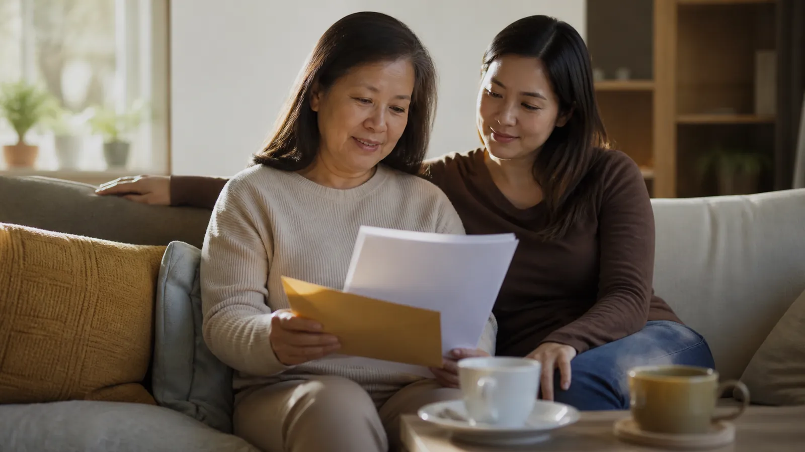 Mother and adult daughter reading paperwork from an opened envelope together on a sofa with tea