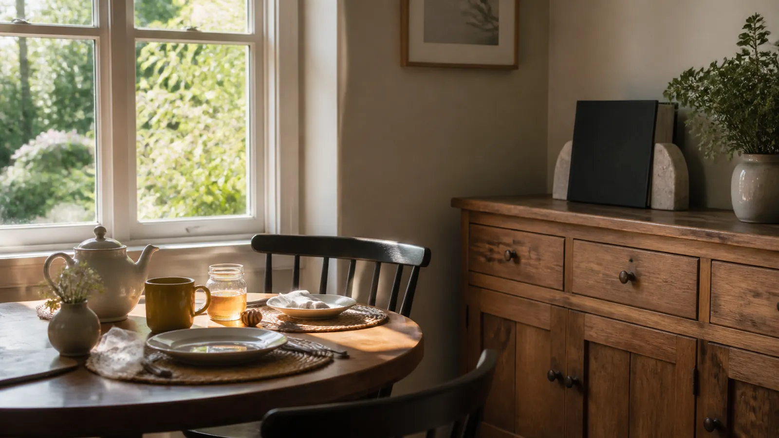 Breakfast table laid for two in morning sun, the retirement folder closed between bookends on the sideboard