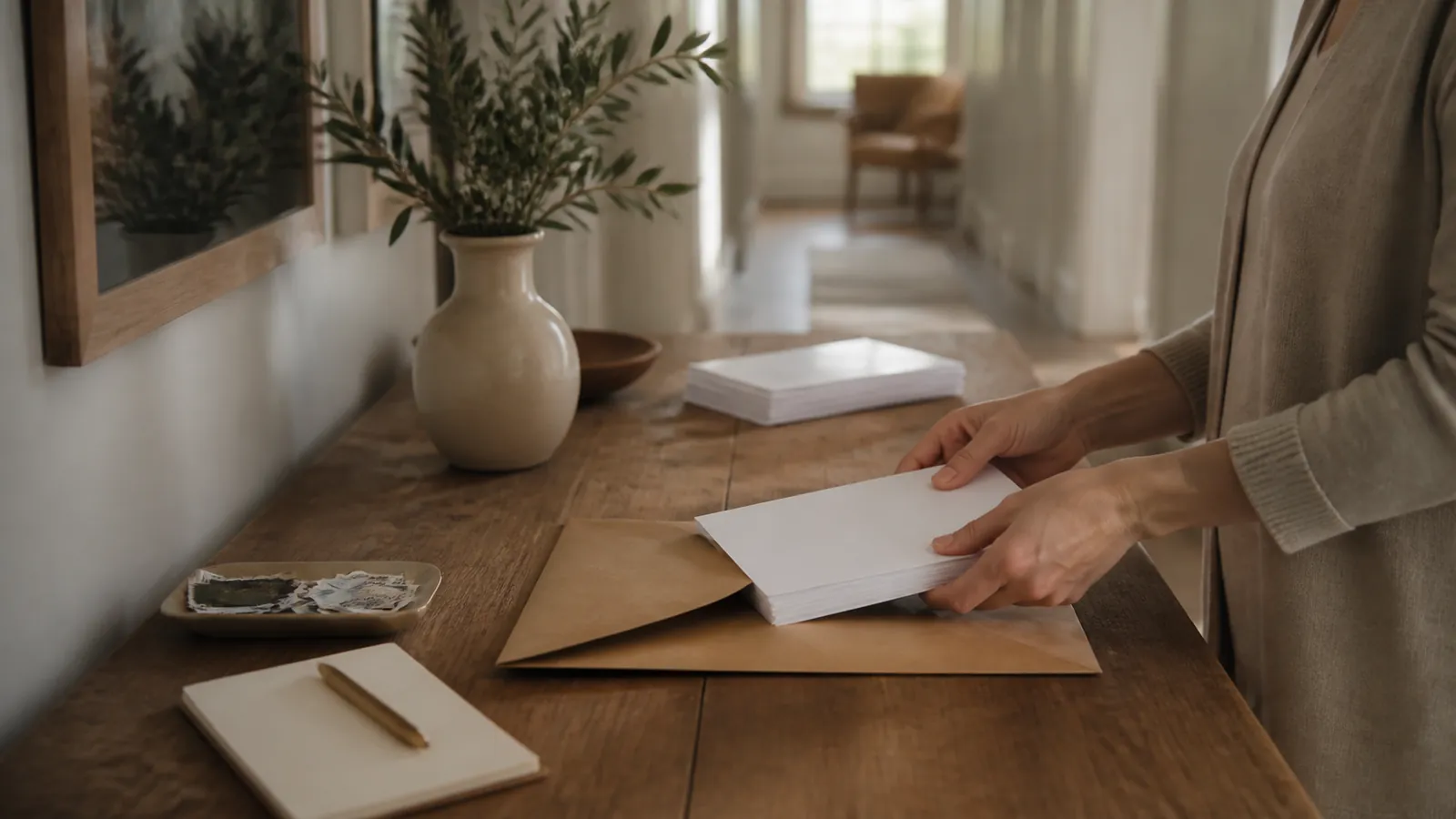 Hands sliding squared pages into a large kraft envelope beside stamps, a gold pen, and an open notebook