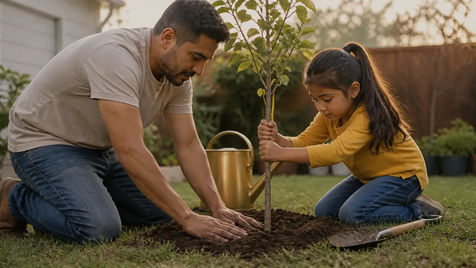 Father and young daughter planting a sapling together in a backyard, gold watering can between them