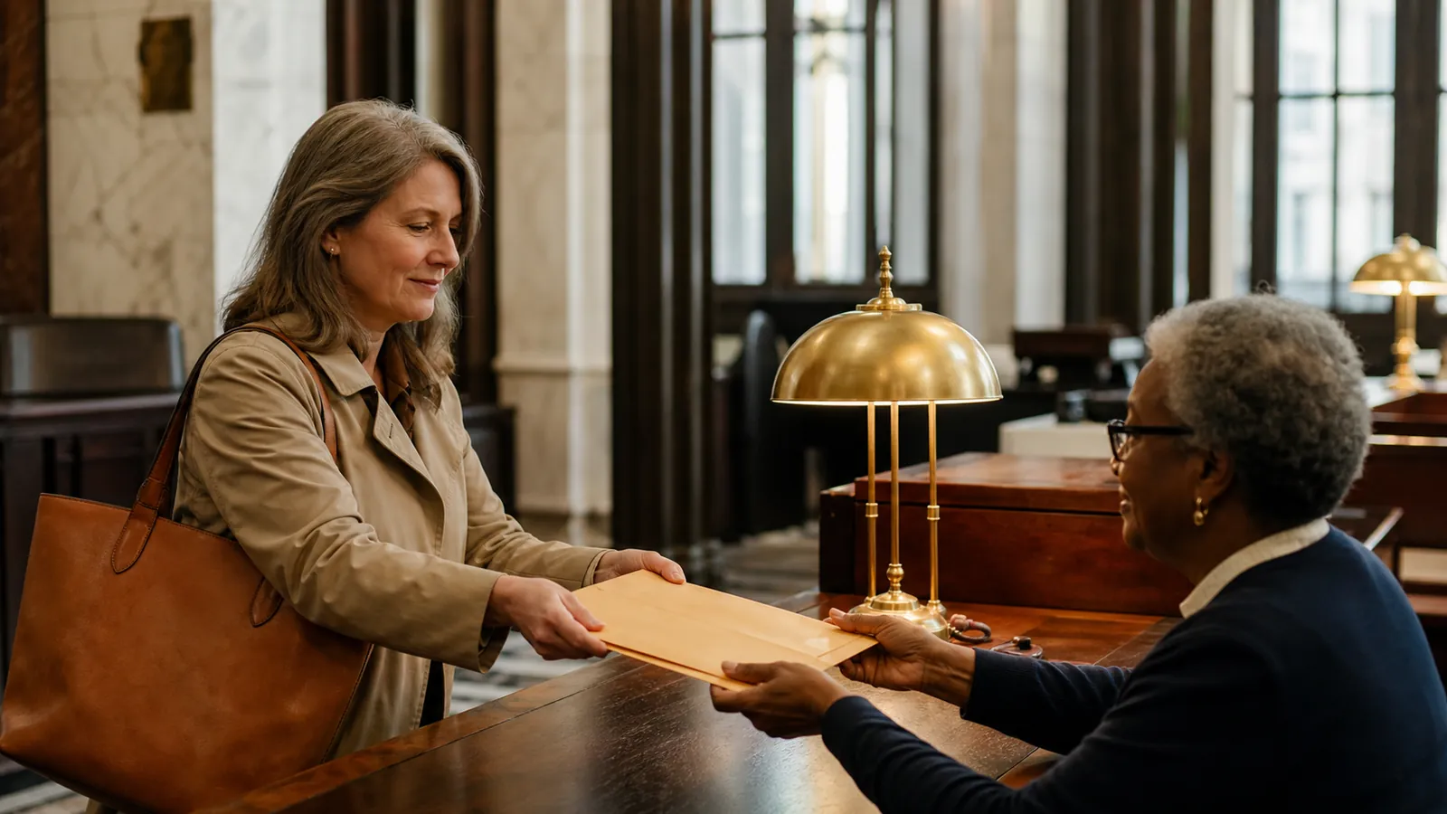 Woman handing two matching envelopes across a wooden counter to a clerk in an old county office