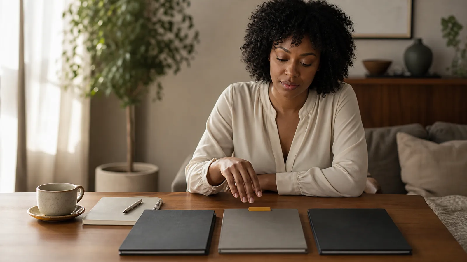 Woman comparing three folders fanned on a desk, her hand above the gold-tabbed one in the middle