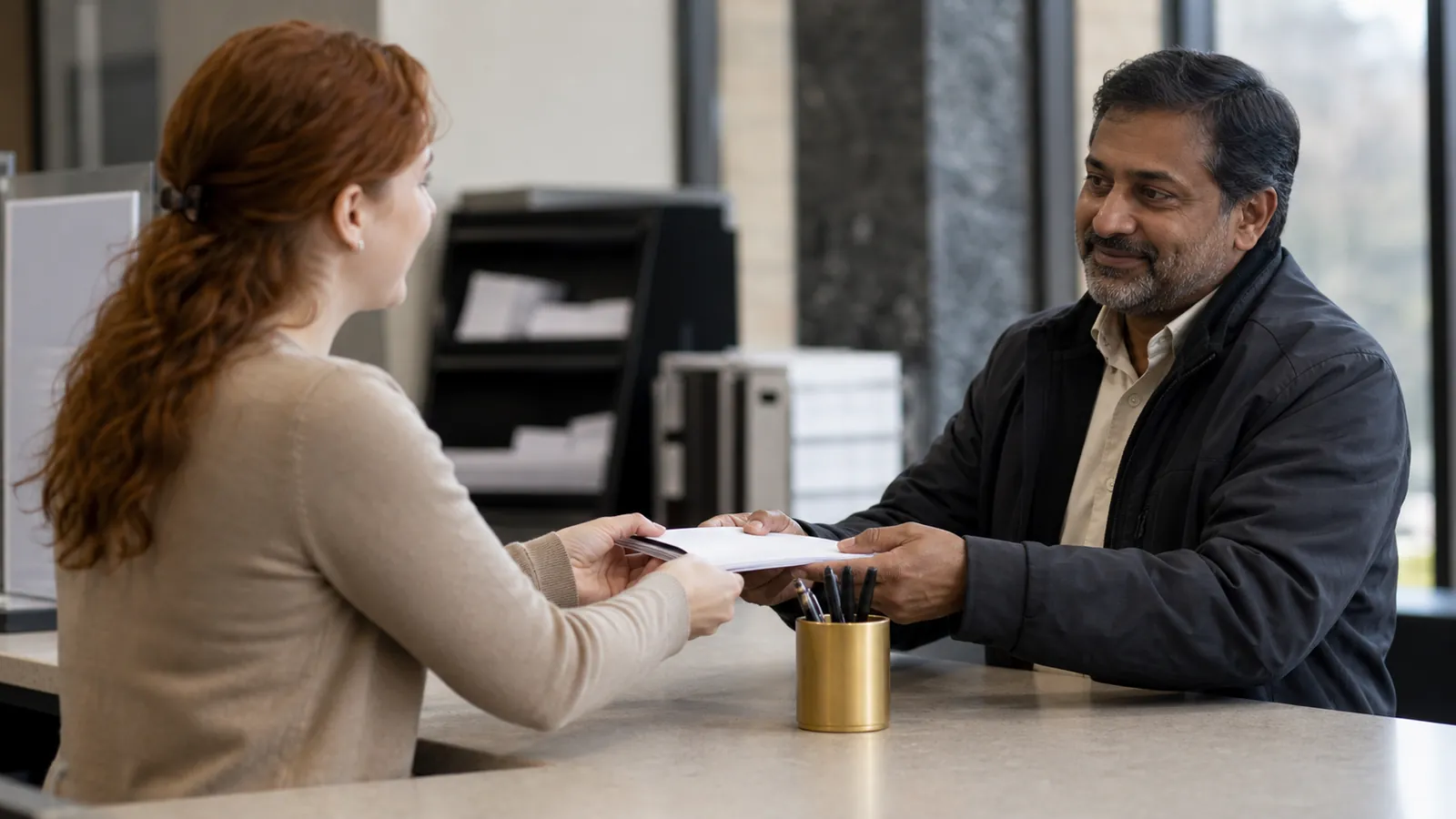 Clerk handing a stapled forms packet across a bright counter to a man at a court self-help center