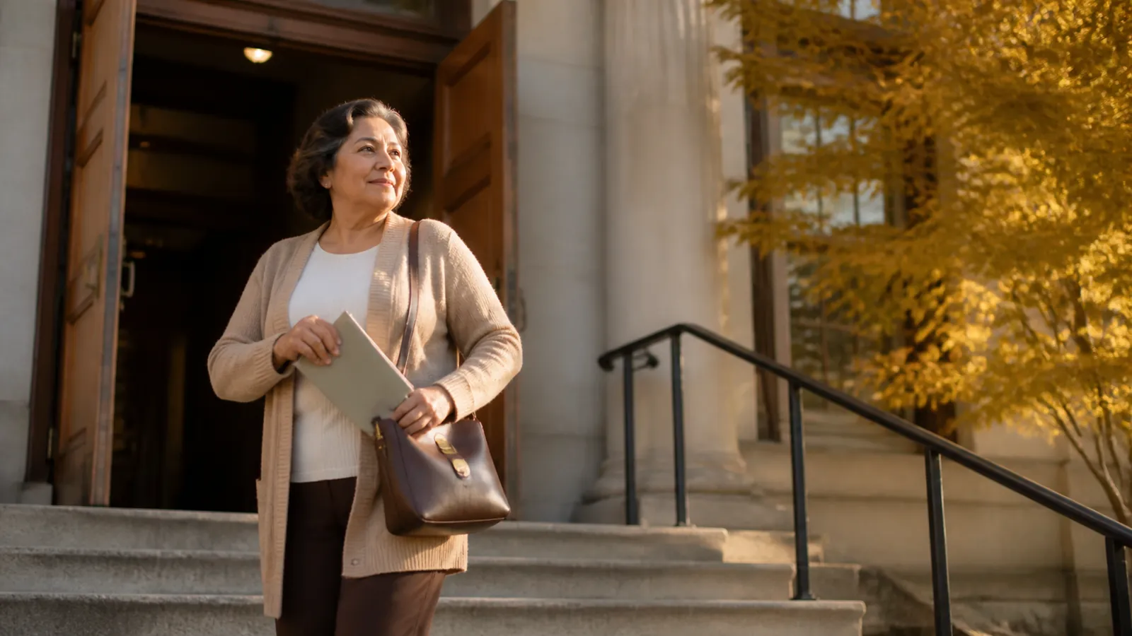 Woman pausing at the top of courthouse steps in late light, slipping a slim folder into her gold-clasped bag