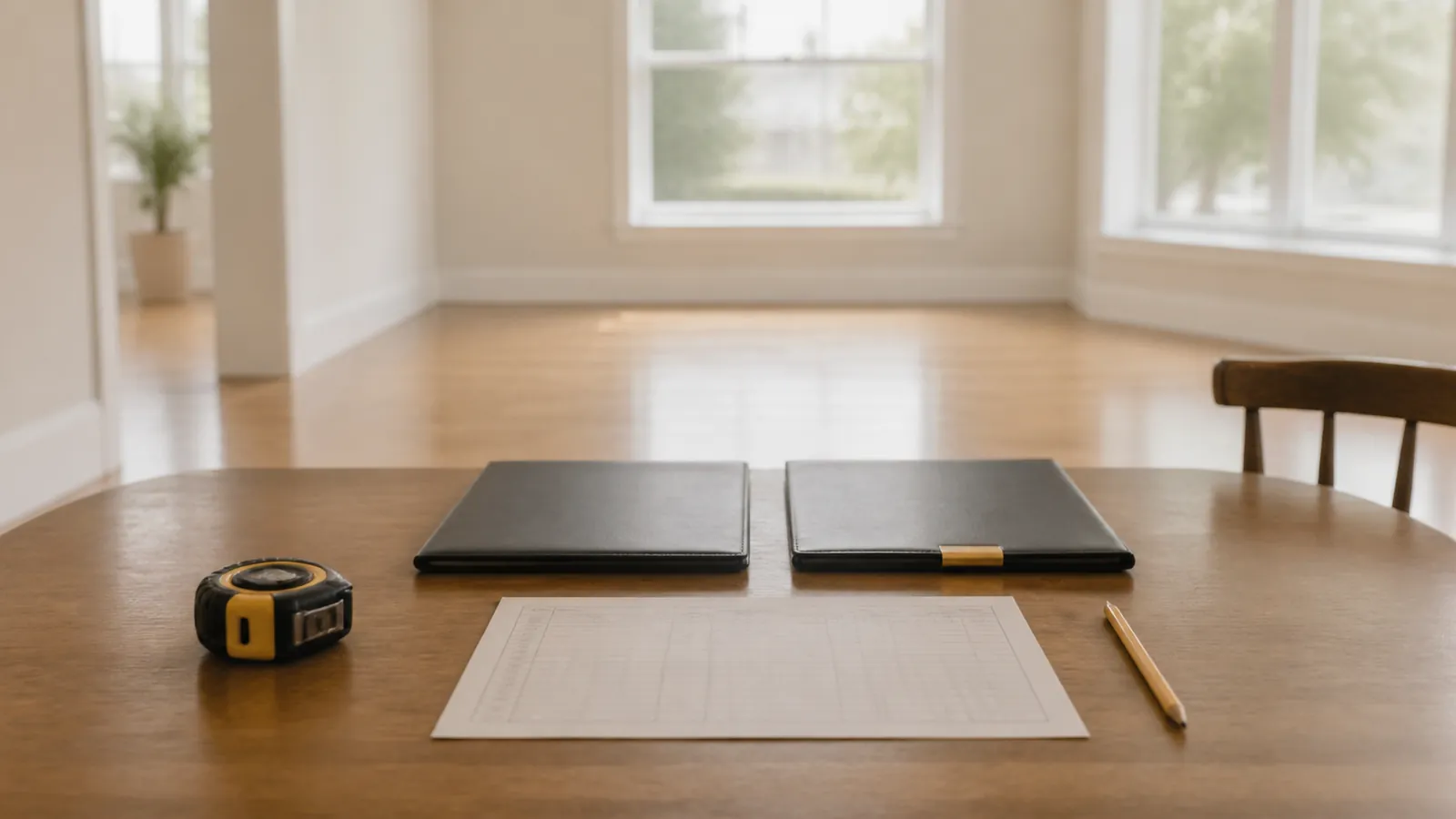 Two folders and a penciled comparison sheet with a tape measure on a table in a bright empty house
