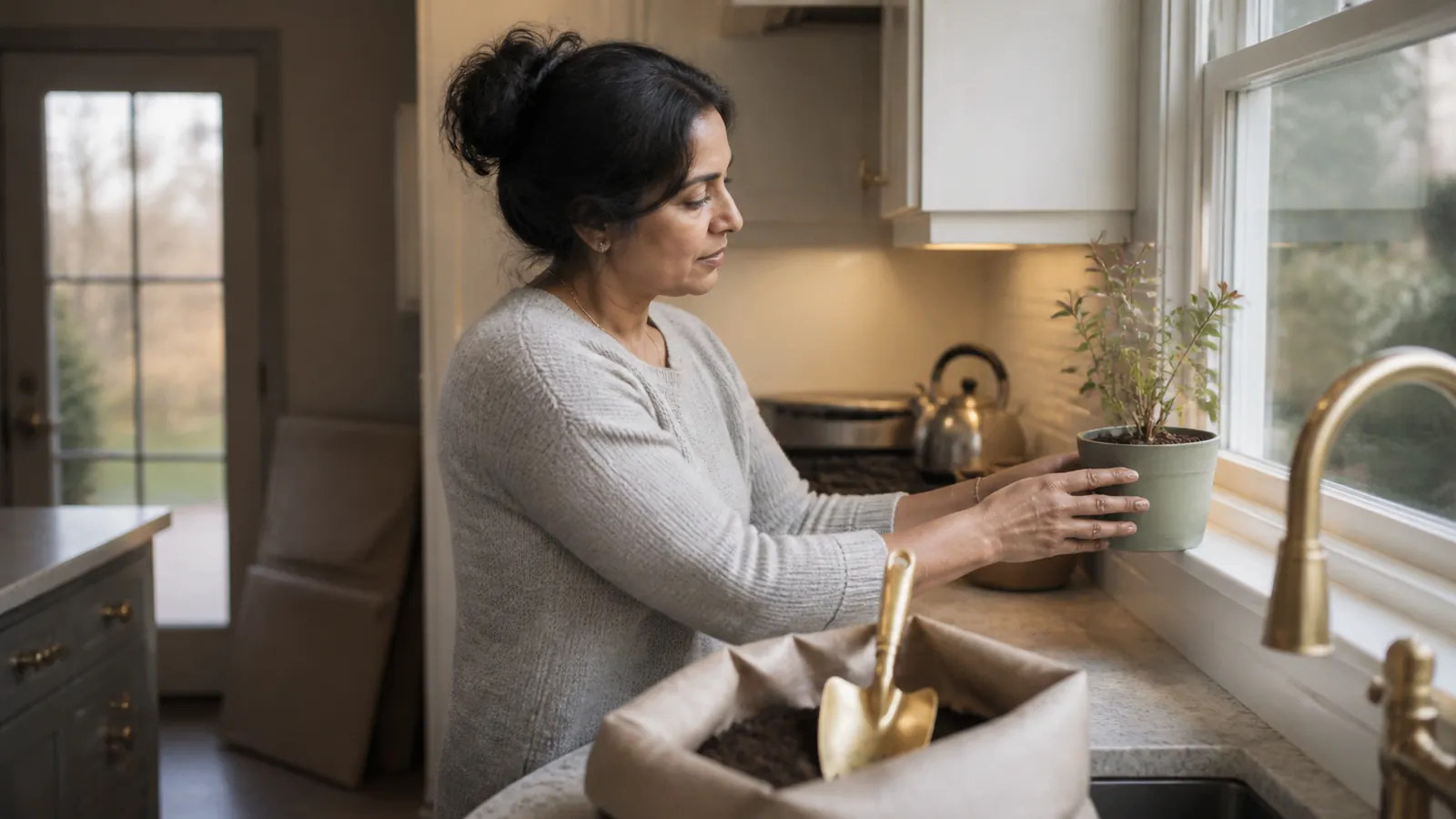 Woman placing a potted rose cutting on her sunny kitchen windowsill, moving boxes flattened by the door