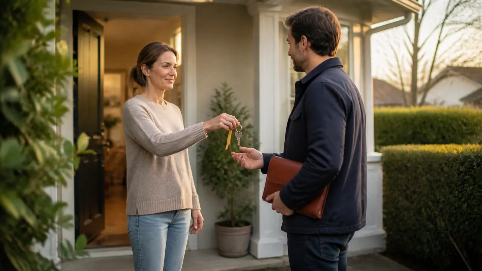 Woman handing a house key on a gold ribbon fob to a man with a folio on the porch of a tidy house