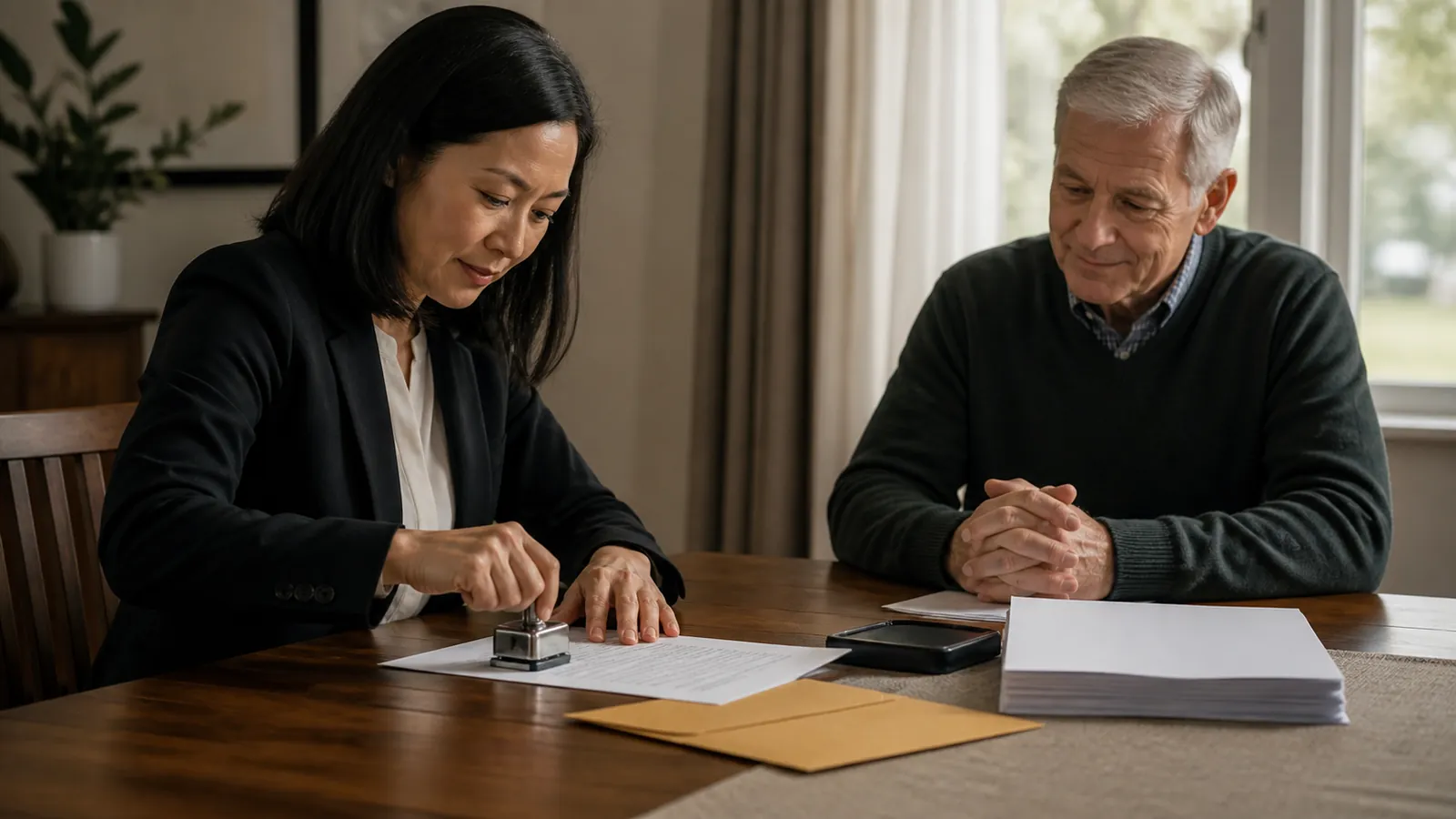 Notary embossing a seal onto a single page at a dining table while an older man watches calmly