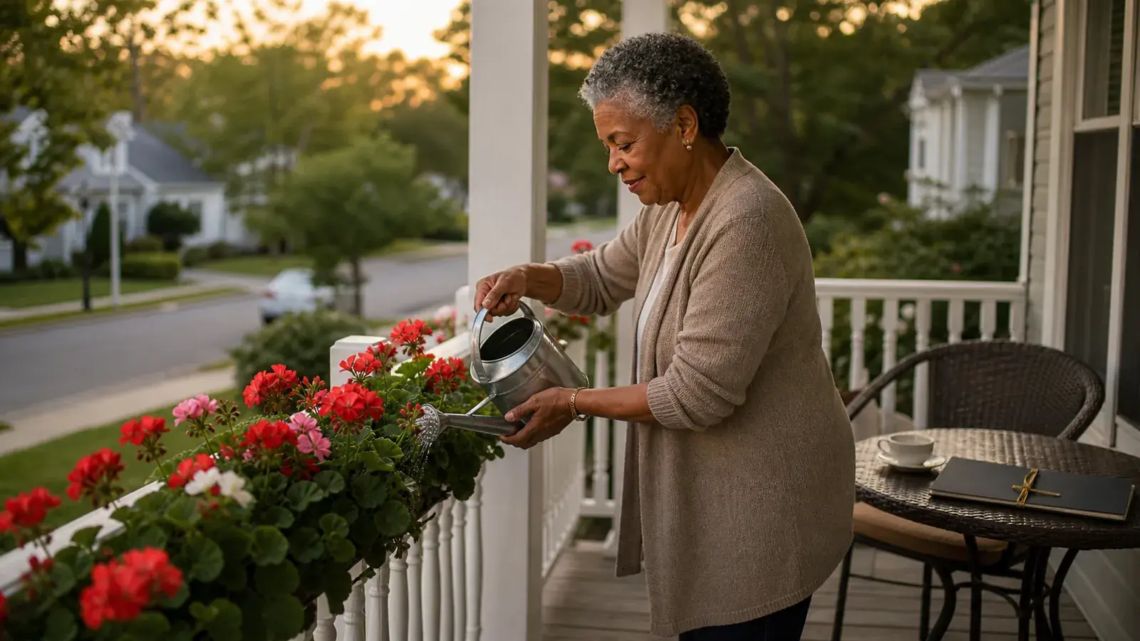 Older woman watering porch geraniums at evening, the gold-corded affidavit folder closed on the table behind her