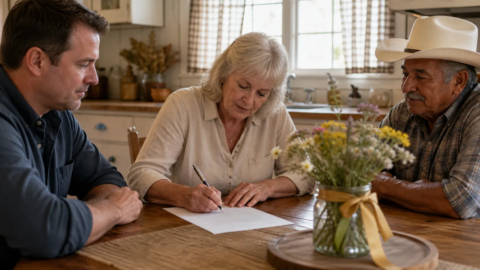Woman signing a single page at a farmhouse table while her son and a neighbor witness calmly