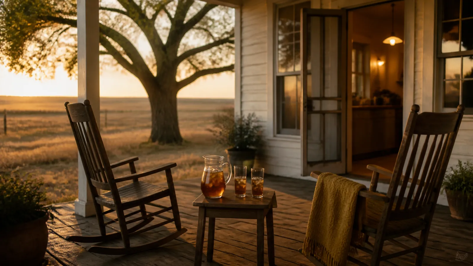 Texas farmhouse back porch at golden hour with two rocking chairs and a pitcher of sweet tea waiting