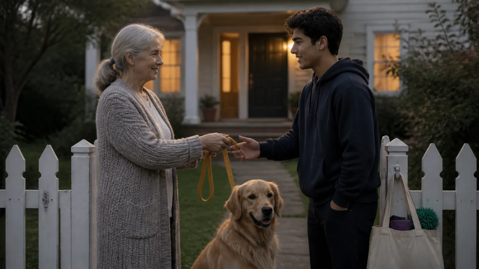 Older woman handing a dog's leash to a young neighbor at a garden gate, pet supply bag by the gatepost
