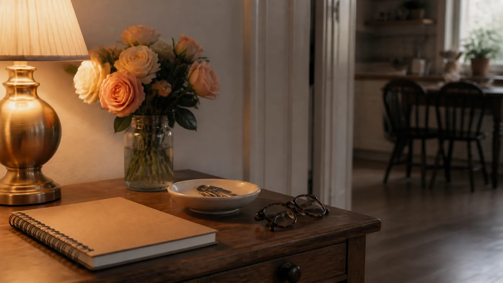 Closed notebook, house keys in a dish, and garden roses on a lamplit entry table in a quiet home