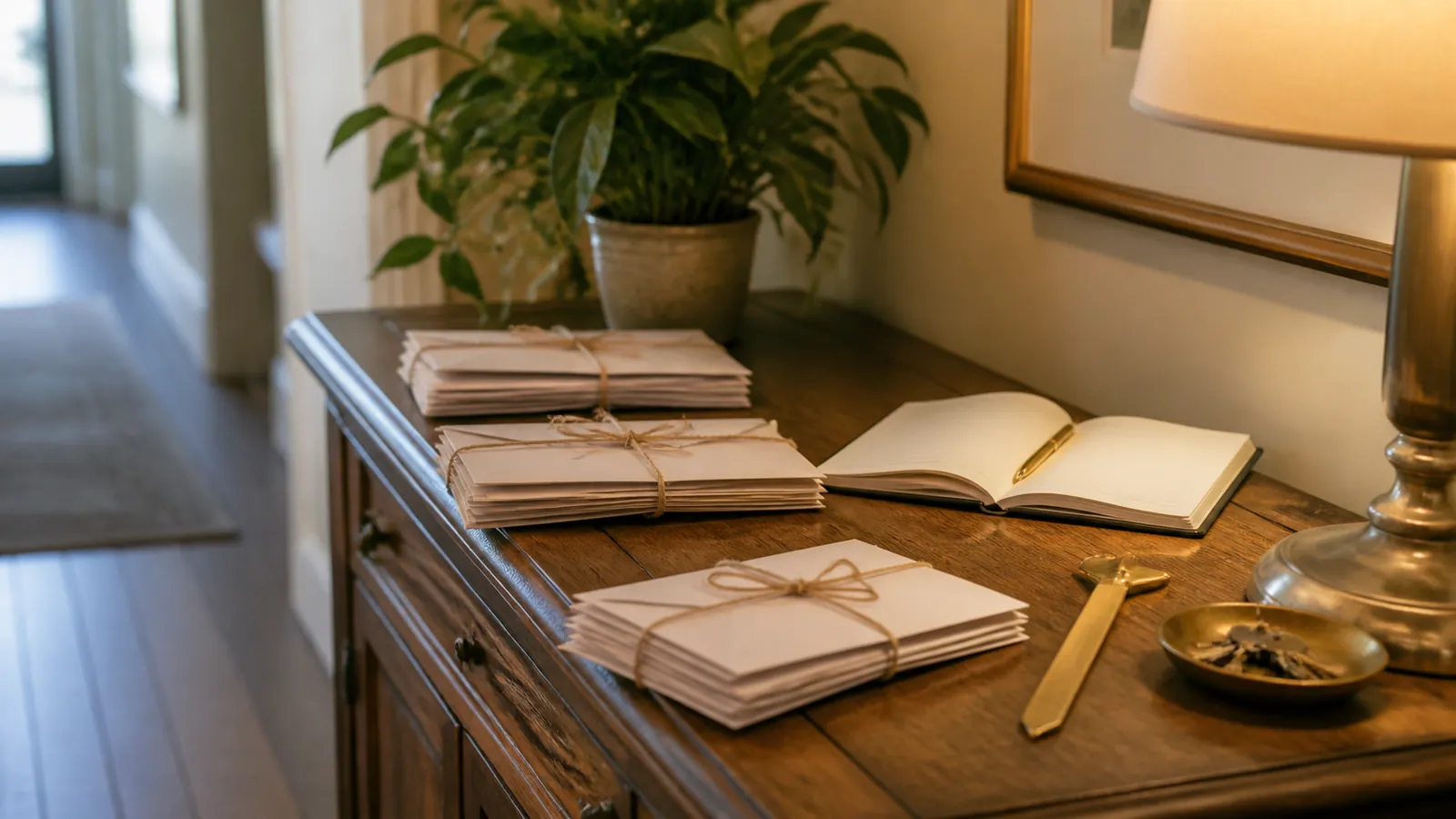 Incoming mail sorted into three string-tied bundles on a hallway console with a letter opener and notebook